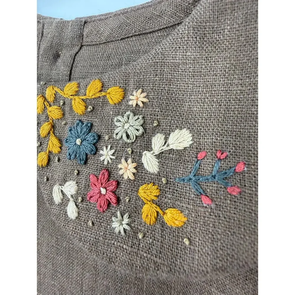 Hand Made 100% Linen Girls 7/8yo Boho Dress Embroidered Long Sleeve Cottagecore